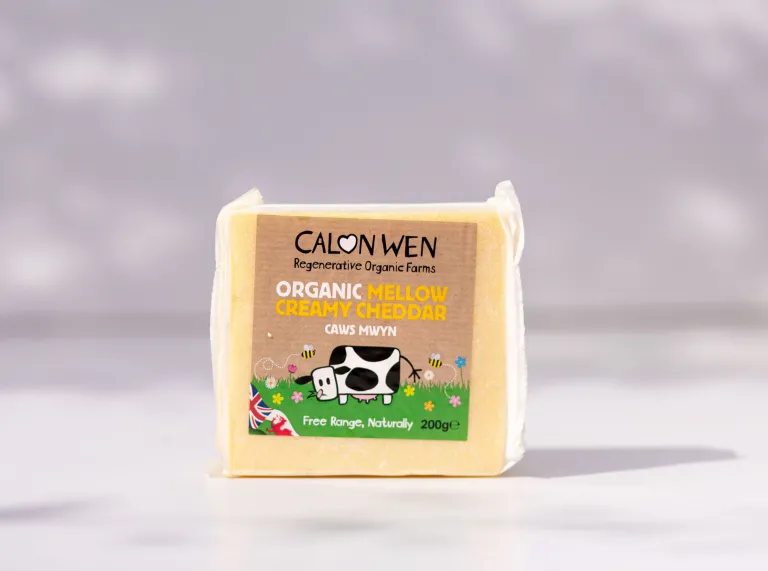 A block of Calon Wen Organic Mellow Creamy Cheddar in its packaging against a white background