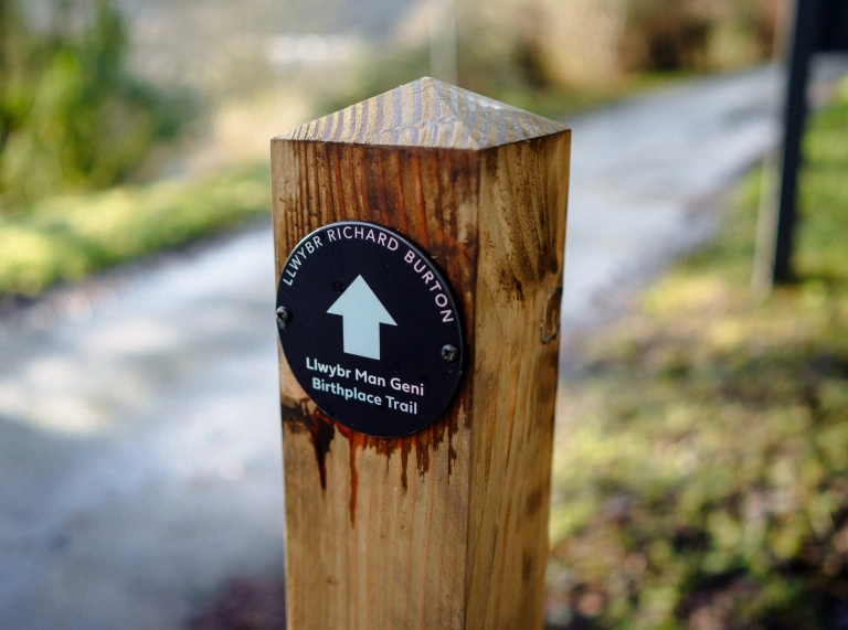 A wooden trail post with a round sign pointing ahead on the Richard Burton Birthplace Trail.