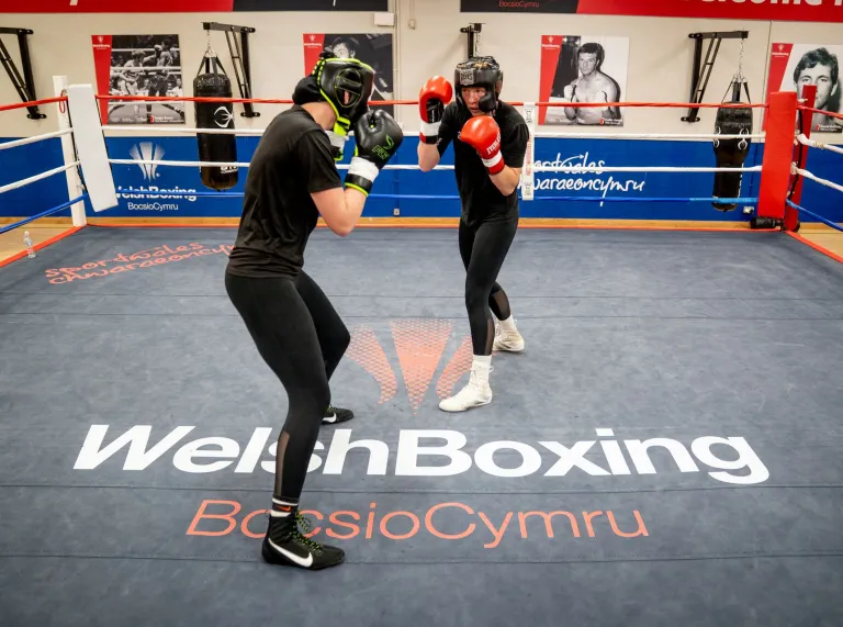 Rosie Eccles spars with a training partner during a boxing session at the Welsh Boxing gym.