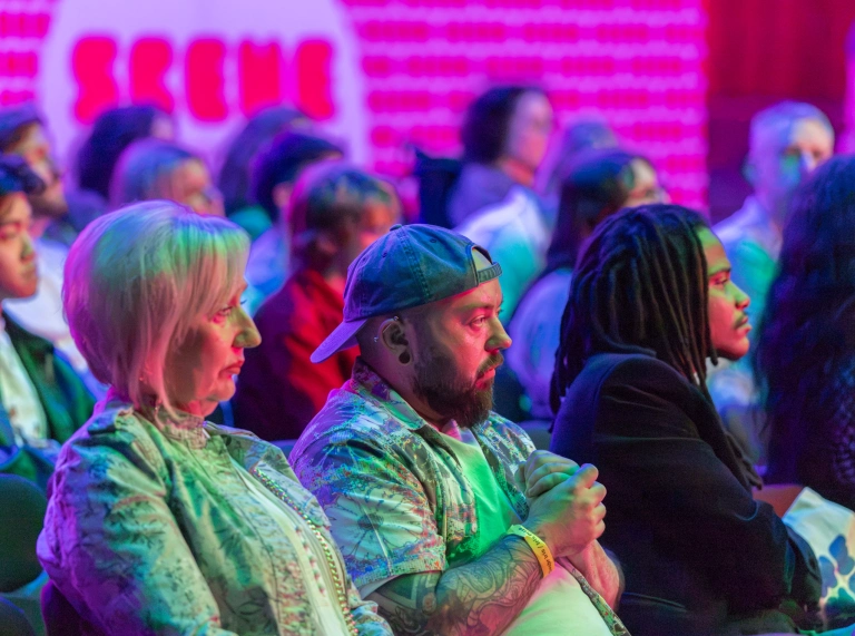Members of an audience sit together on chairs during a ceremony where Iris revealed its Best British Shorts at New Century Hall, Manchester.