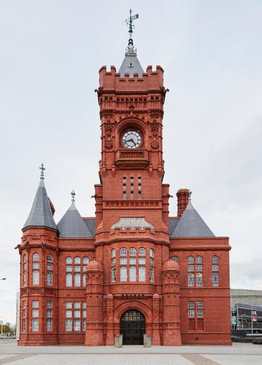 Exterior of the front of the Pierhead building in Cardiff Bay