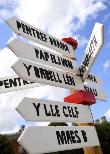 Close up of Welsh language signpost pointing to the attractions at The National Eisteddfod