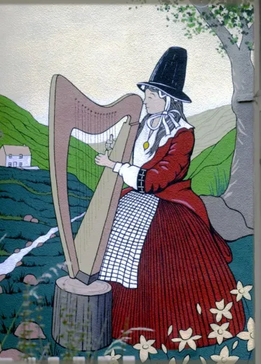 Una ilustración de una dama con un vestido tradicional galés tocando un arpa