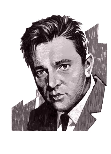 A monochrome illustrated portrait of Richard Burton in a suit and tie, drawn with textured shading and strong contrast.