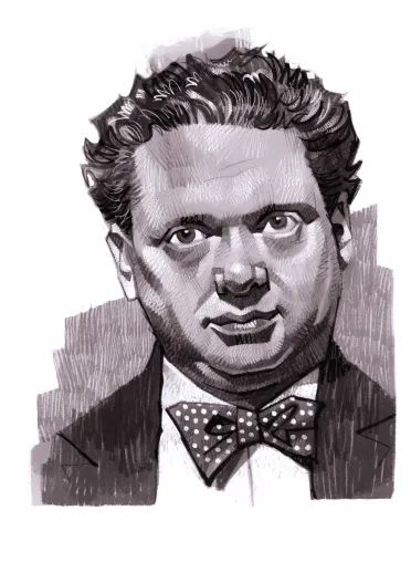 An illustrated portrait of Dylan Thomas wearing a suit and a polka dot bow tie, drawn in a monochrome sketch style.