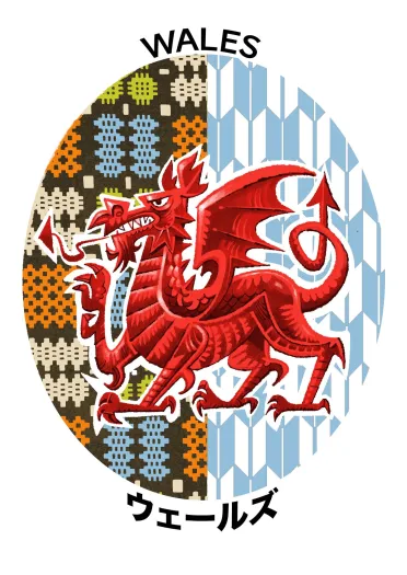 An illustration of a Welsh dragon on top of a Welsh fabric background style