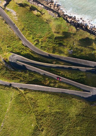 Aerial image of winding road, Great Orme, North Wales