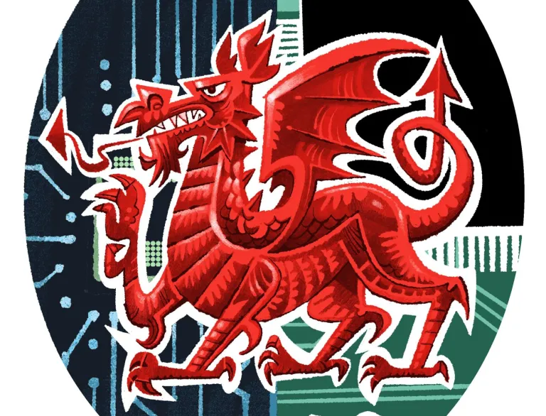 An illustration of a Welsh dragon on a background of computer chips