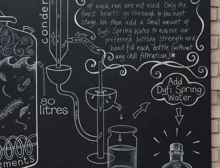 Dyfi Gin flow diagram, illustrated on blackboard