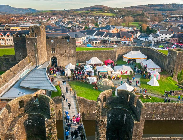 Overview from inner ward tower Medieval Christmas Fayre, Caerphilly Castle