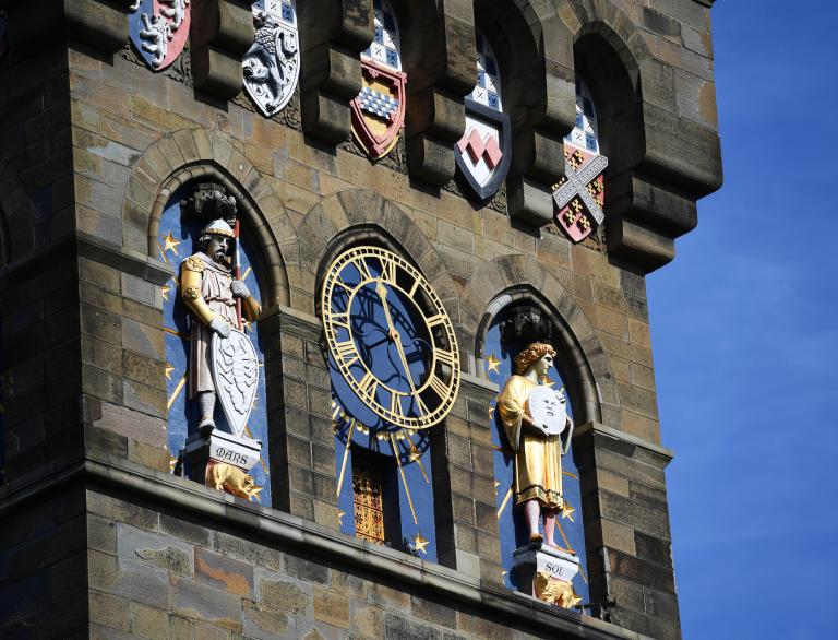 Close up of Cardiff Castle clock tower
