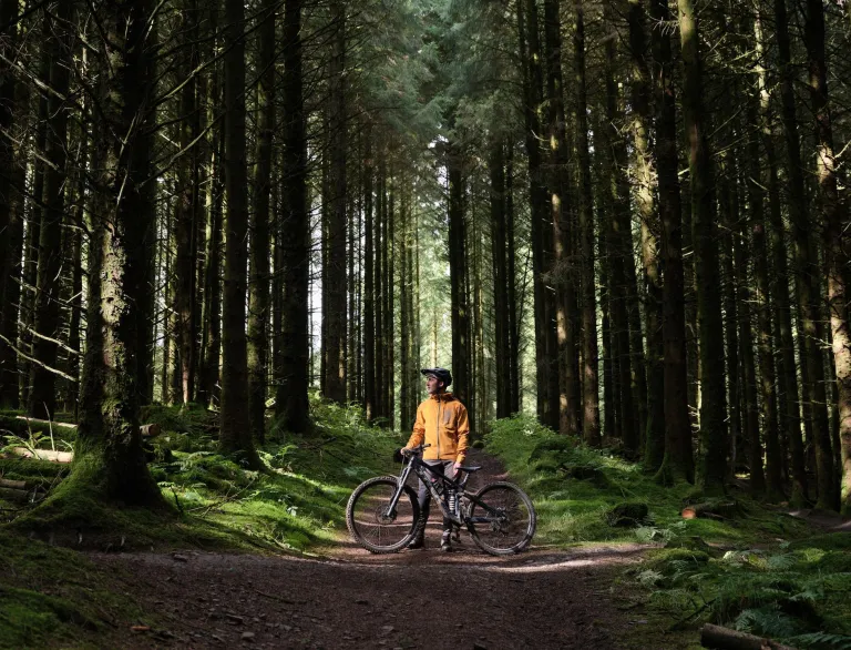 A person in a yellow jacket and biking gear standing with a mountain bike in a pathway surrounded by tall trees in a beautiful forest setting