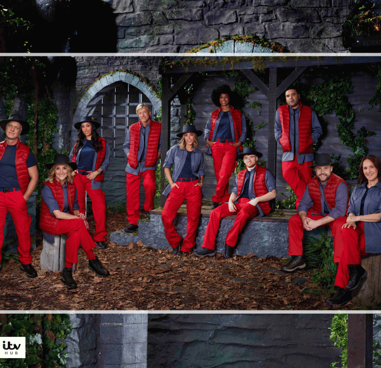 A group of people dressed in red in a castle background