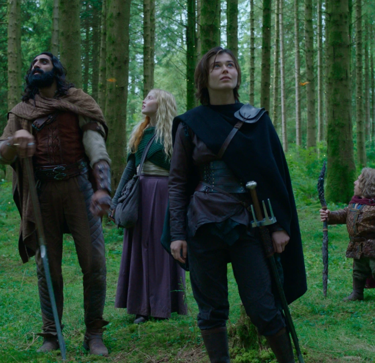 (L-R): Graydon (Tony Revolori), Boorman (Amar Chadha-Patel), Dove (Ellie Bamber), Kit (Ruby Cruz), Willow Ufgood (Warwick Davis) and Jade (Erin Kellyman) in Lucasfilm's WILLOW exclusively on Disney+.