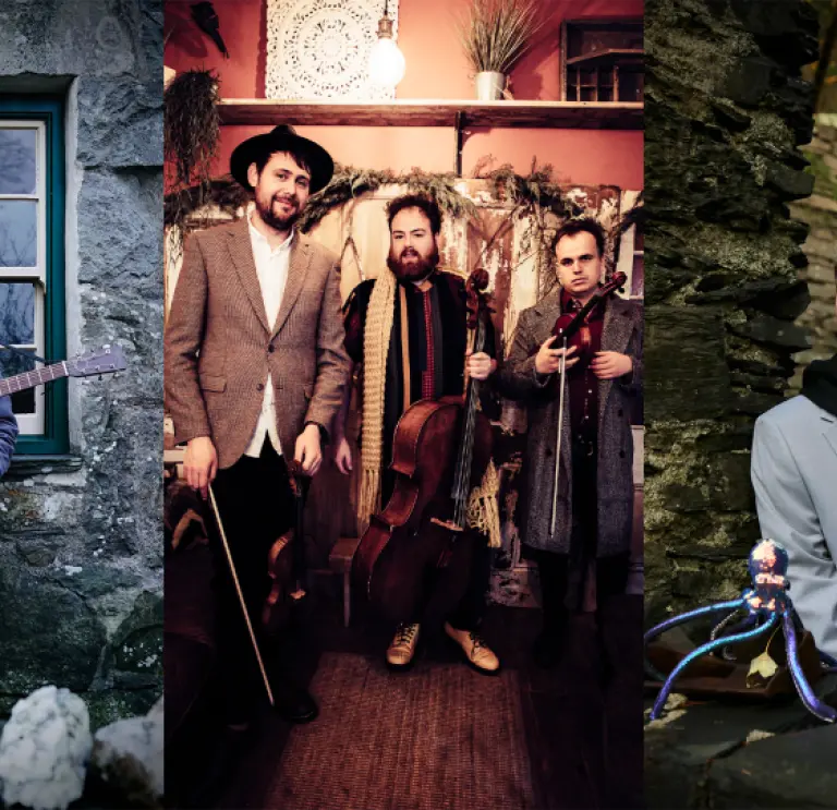 Collage photograph showing Welsh artists (L-R) Gwilym Bowen Rhys, VRï and Cerys Hafana