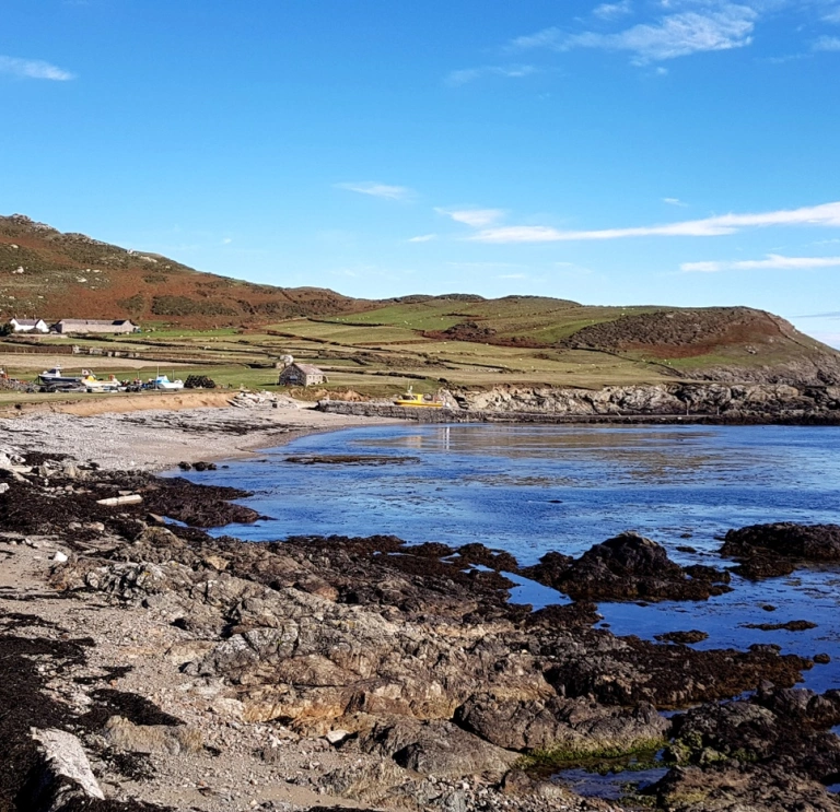 A view of Bardsey island from the shore.