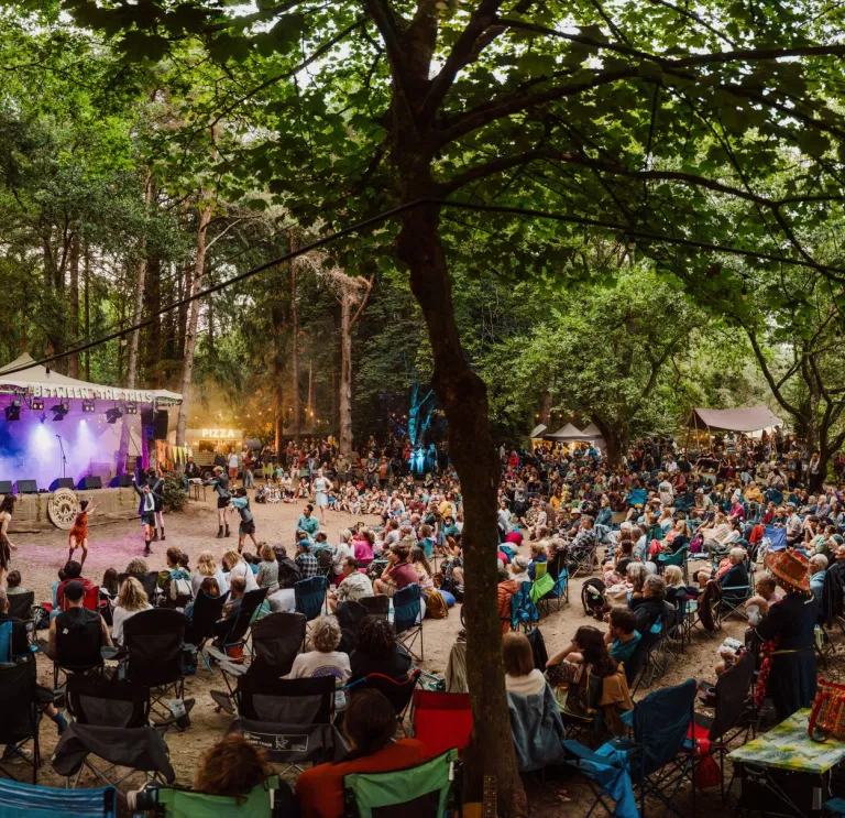 A large outdoor audience seated on folding chairs in a woodland clearing, watching a live performance on a small stage lit with purple lights, with trees overhead, food stalls in the background, and a relaxed festival atmosphere.