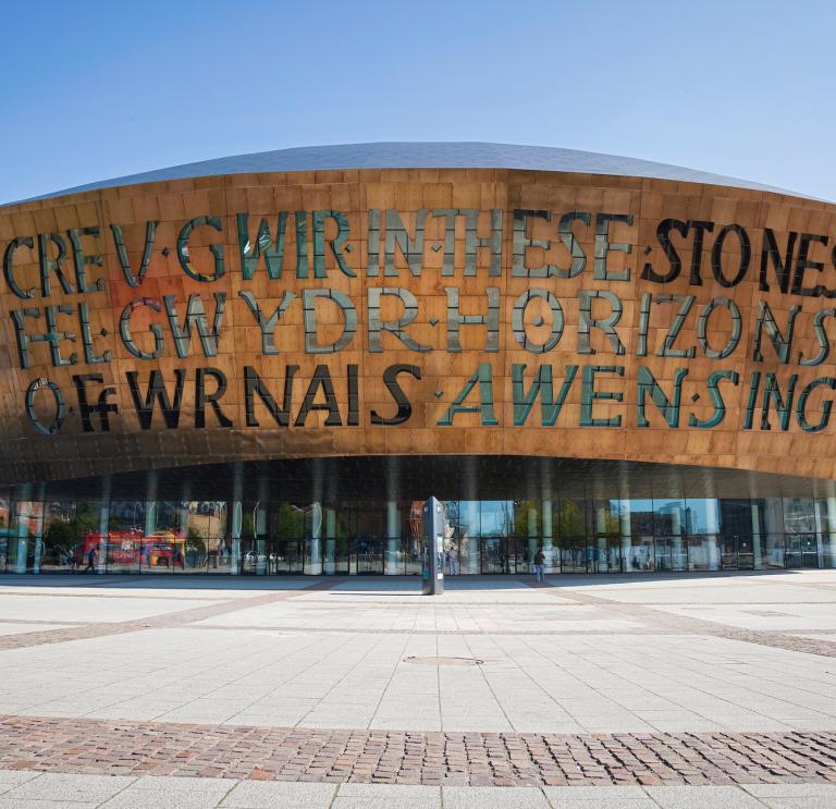 Exterior of the Wales Millennium Centre showing bilingual inscription
