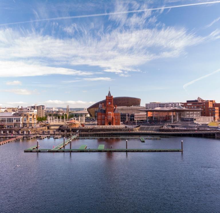 An image of buildings on the waterfront at Cardiff Bay 