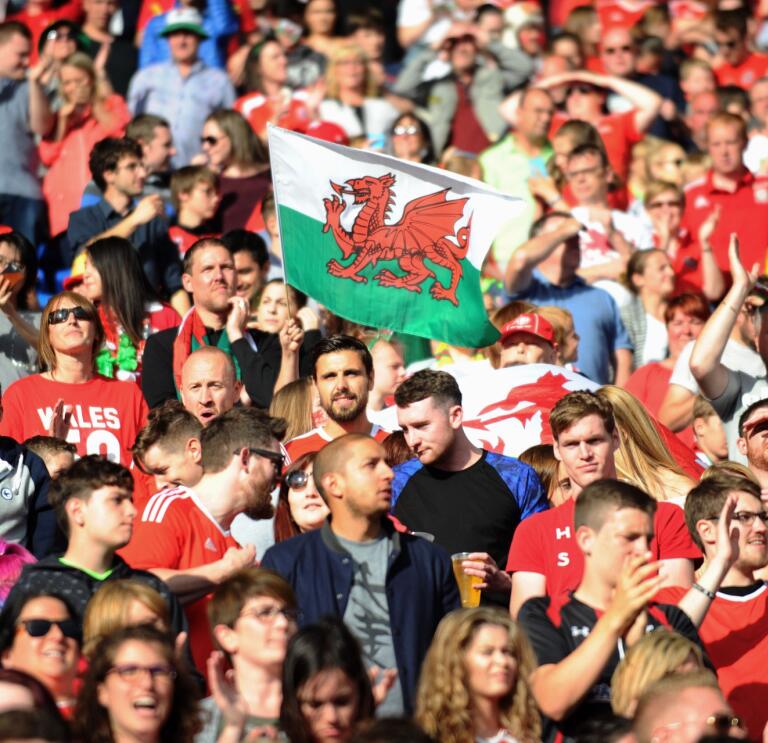 A crowd of people and a Welsh flag. 