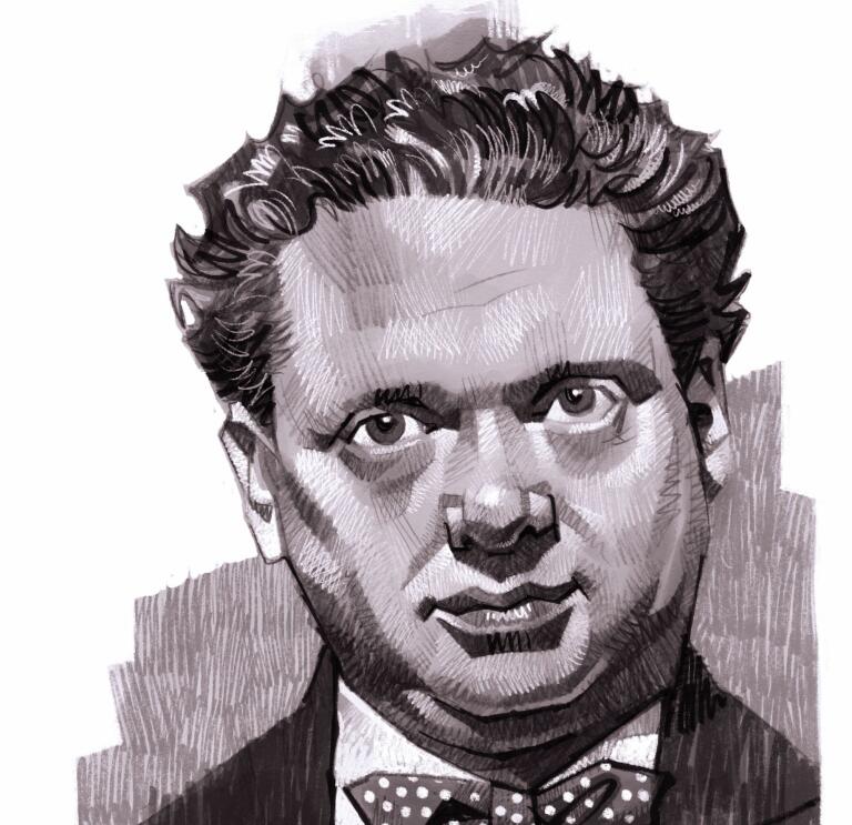 An illustrated portrait of the face of a man (Dylan Thomas) 