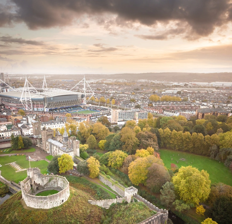 A view of Cardiff Castle and Principality Stadium