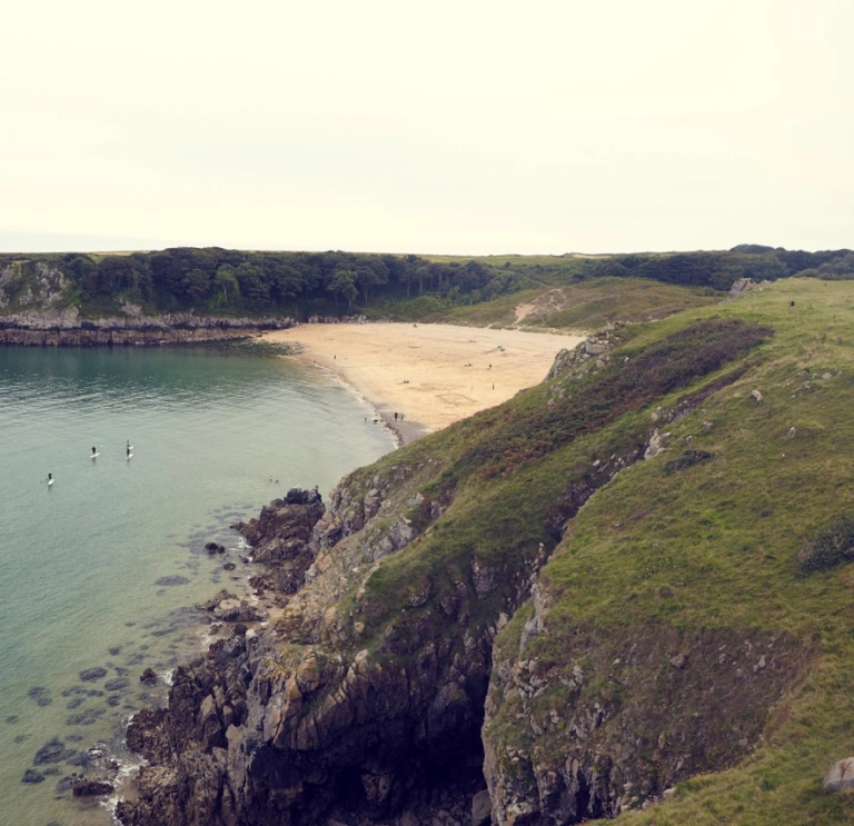 A beautiful sandy cove surrounded by blue sea and green cliffs