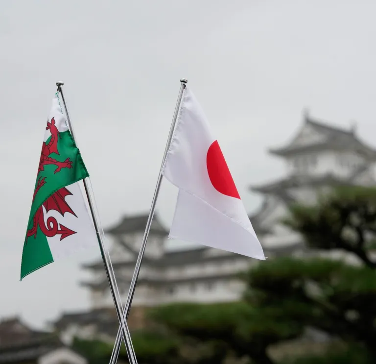 Una bandera galesa frente al castillo de Himeji en Hyogo, Japón.