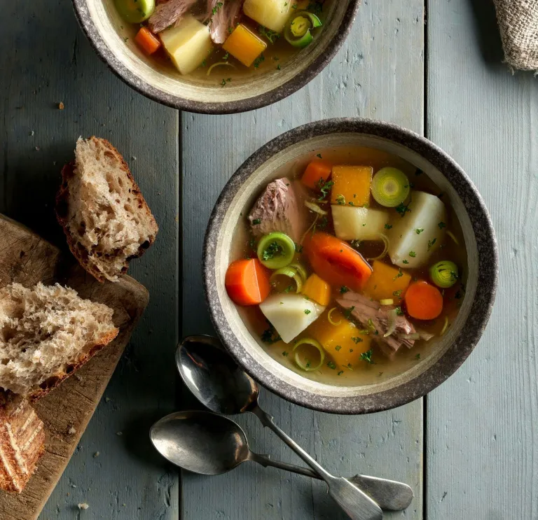 Two bowls of Welsh cawl
