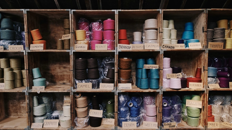 Cones of different-coloured yarn, Melin Tregwynt