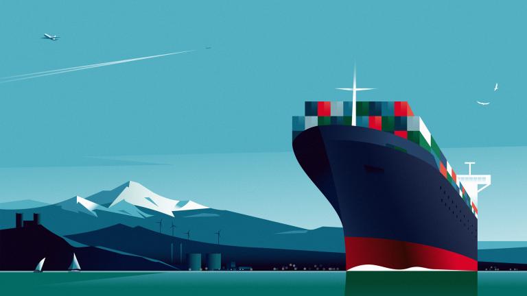 Illustration of ship and windfarm