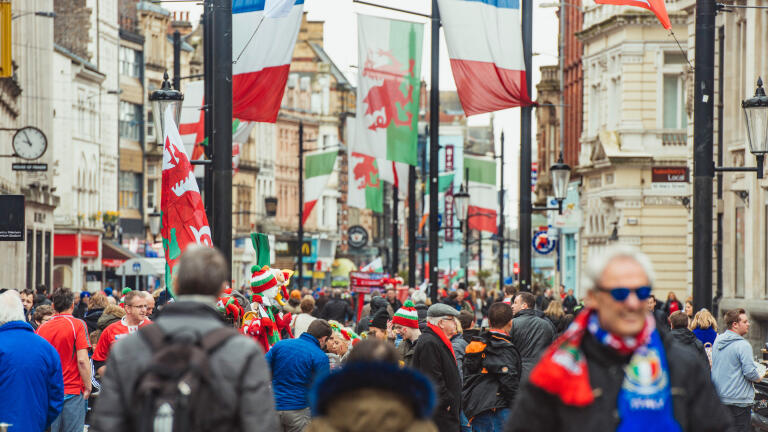 A busy street in Cardiff city centre on an international rugby day