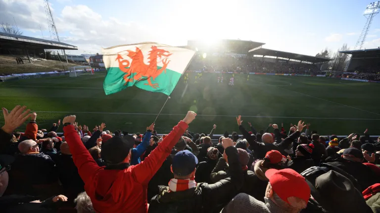 サッカーの試合を応援する観客。スタジアムの座席ではウェールズの国旗がはためいています。