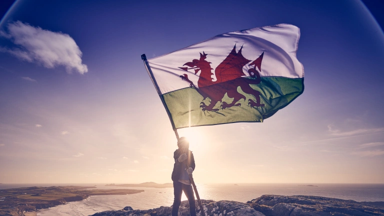 Person holding the Wales flag.