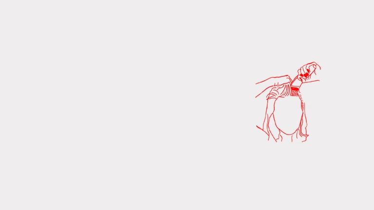 A red illustration line drawing of a woman shaving her hair