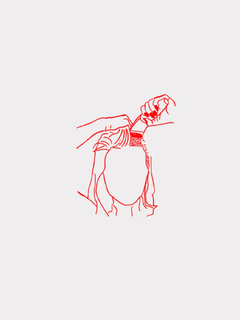 An illustrated red line drawing of a woman shaving her head