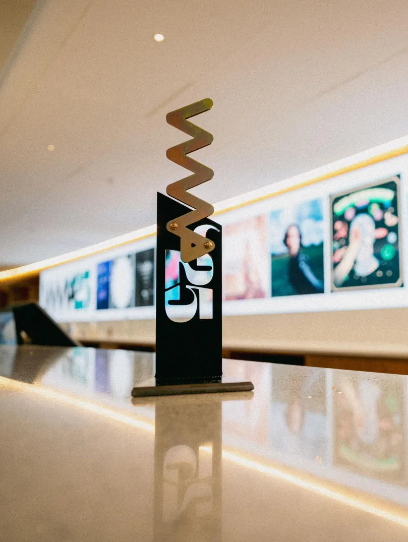 The Welsh Music Prize 2025 trophy standing in the foyer of the Wales Millennium Centre, where the awards were held