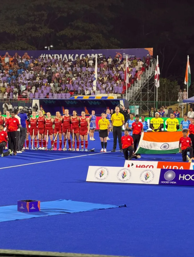 Wales and India line up before their Hockey World Cup qualifier in Hyderabad.