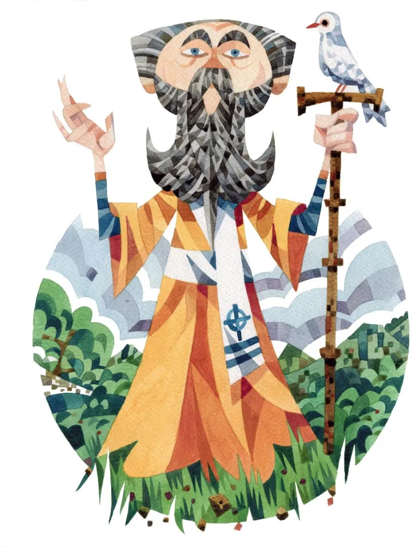 Illustrierte Darstellung eines Mannes in religiöser Kleidung, der in einer Hand einen Stab hält, auf dem eine Taube sitzt.