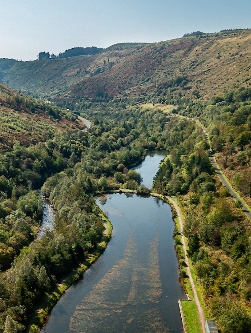 Vue aérienne d'un lac entouré de montagnes forestières verdoyantes