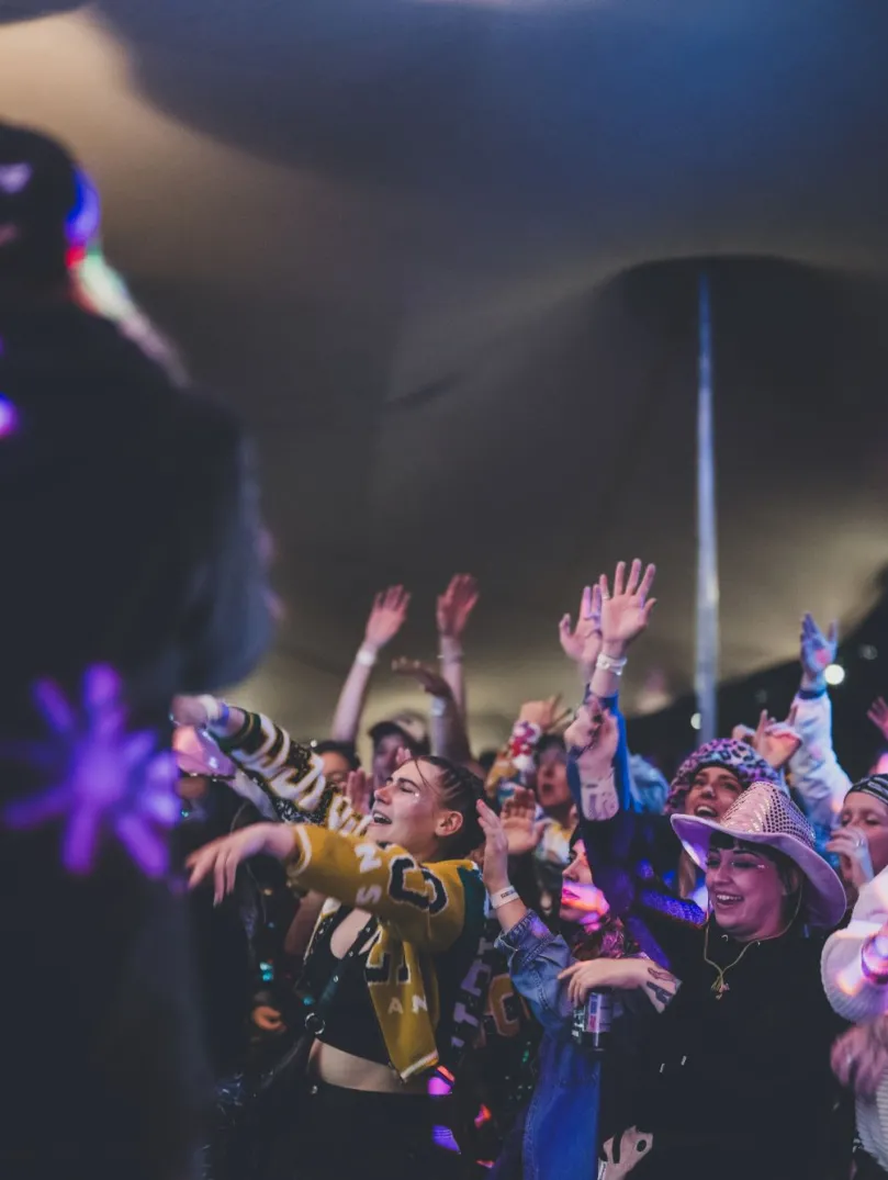 Una multitud de personas en un festival bailando y cantando mientras miran hacia un escenario