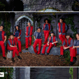 A group of people dressed in red in a castle background