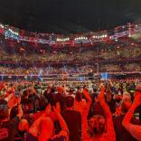 A wrestler standing in a wrestling ring in the middle of a huge stadium, surrounded by cheering fans.