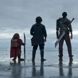 (L-R): Willow Ufgood (Warwick Davis), Graydon (Tony Revolori), Boorman (Amar Chadha-Patel), Dove (Ellie Bamber), Kit (Ruby Cruz) and Jade (Erin Kellyman) in Lucasfilm's WILLOW, exclusively on Disney+.