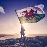 A person standing holding a Welsh flag.