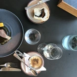table with food and drinks.