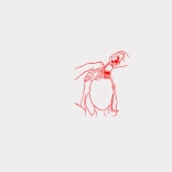 An illustrated red line drawing of a woman shaving her head