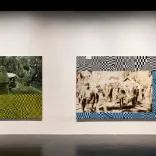 Two large mixed-media artworks hang on a gallery wall, each combining archival-style figurative scenes with bold geometric patterns.