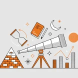 Infografik eines Teleskops umgeben von Astronomie- und Mathematiksymbolen