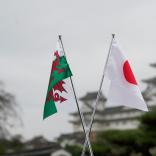 Eine walisische und eine japanische Flagge vor der Burg Himeji.